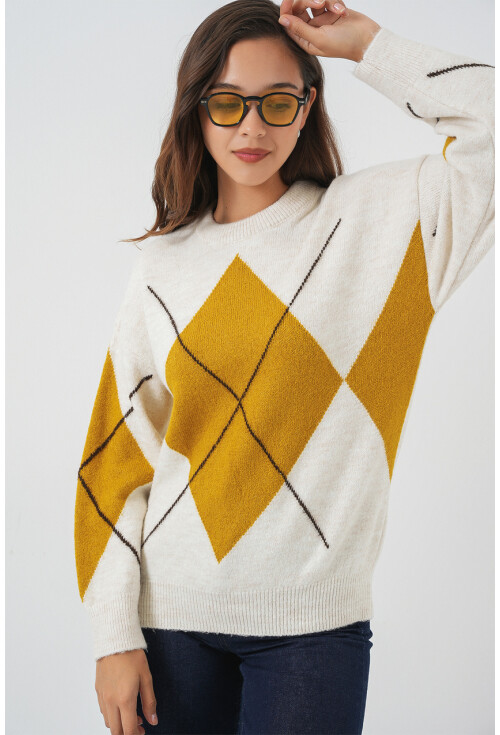15895 Baklava Desenli Oversize Triko Kazak