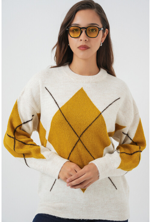 15895 Baklava Desenli Oversize Triko Kazak