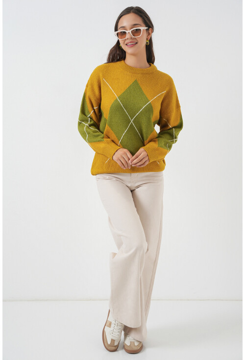 15895 Baklava Desenli Oversize Triko Kazak