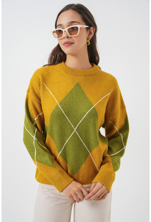 15895 Baklava Desenli Oversize Triko Kazak