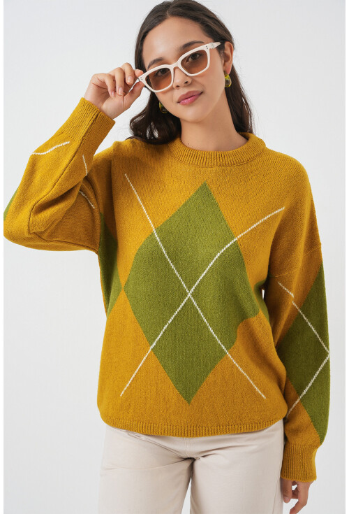 15895 Baklava Desenli Oversize Triko Kazak