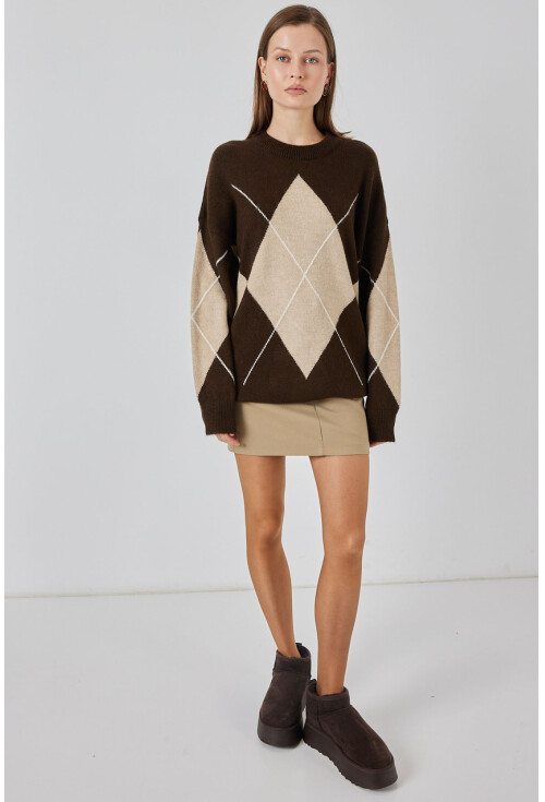 15895 Baklava Desenli Oversize Triko Kazak