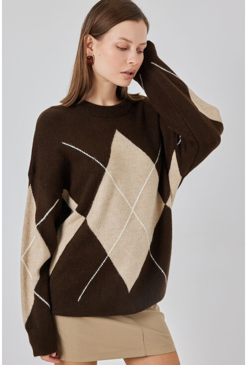 15895 Baklava Desenli Oversize Triko Kazak