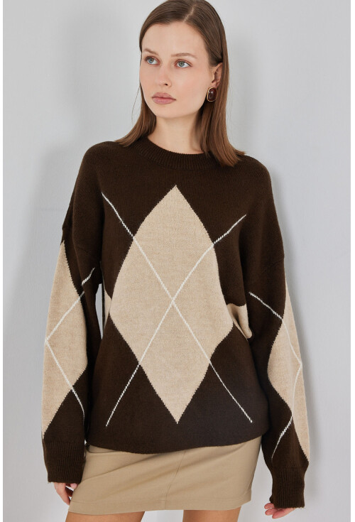 15895 Baklava Desenli Oversize Triko Kazak