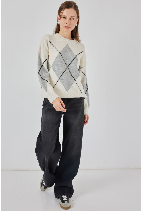 15895 Baklava Desenli Oversize Triko Kazak