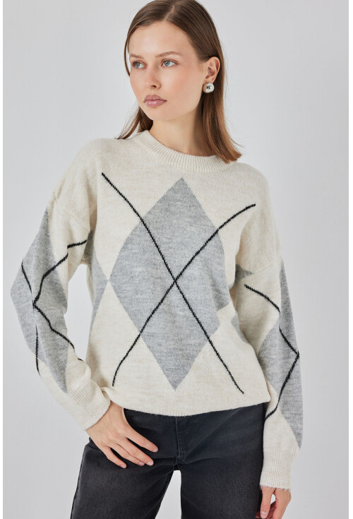 15895 Baklava Desenli Oversize Triko Kazak