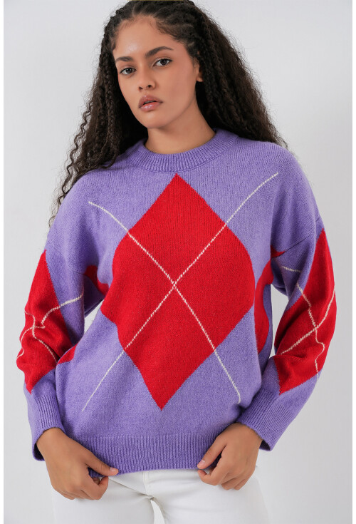 15895 Baklava Desenli Oversize Triko Kazak