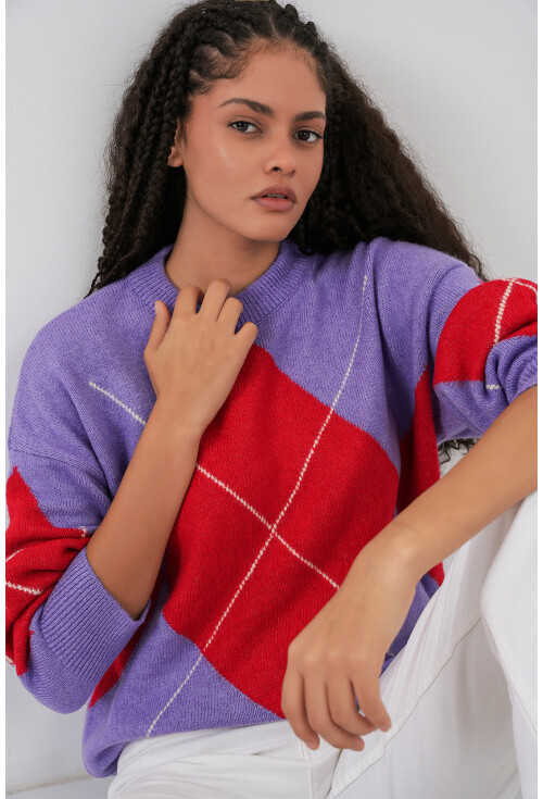 15895 Baklava Desenli Oversize Triko Kazak