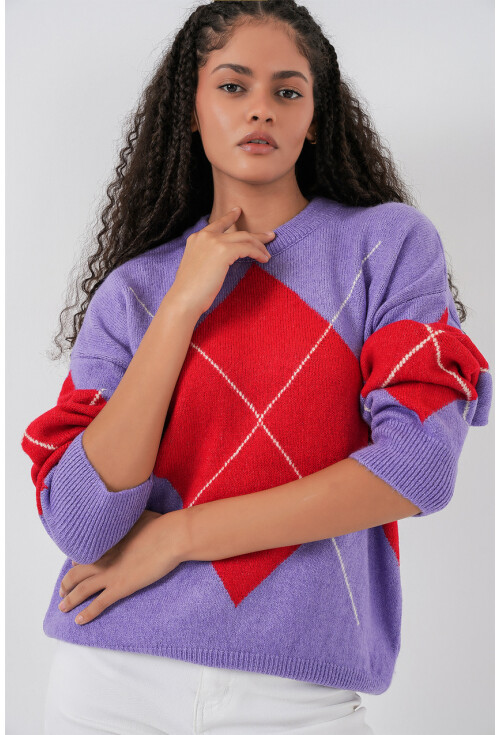 15895 Baklava Desenli Oversize Triko Kazak