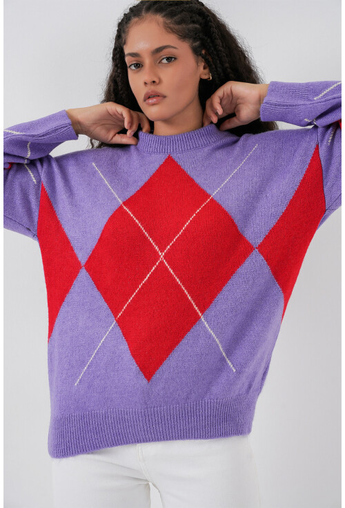 15895 Baklava Desenli Oversize Triko Kazak