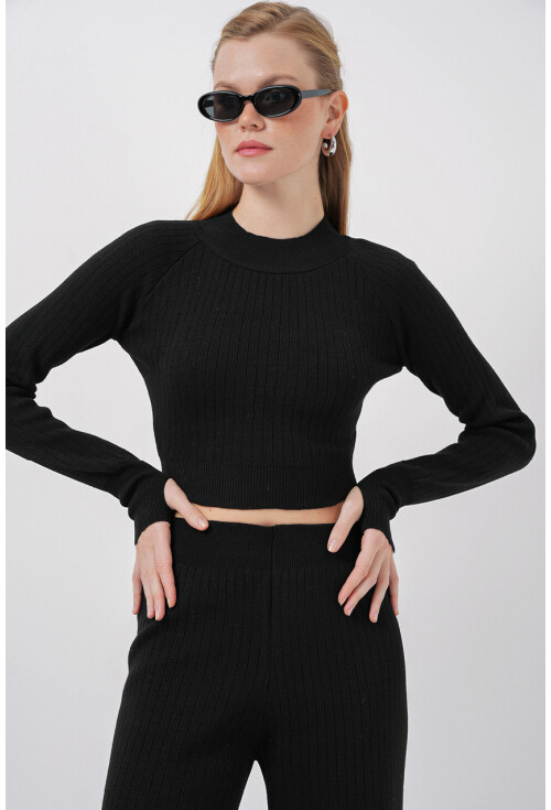 15905 Kadın Crop Kazak Pantolon Triko Alt Üst Takım