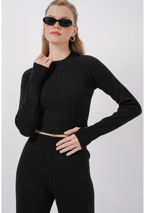 15905 Kadın Crop Kazak Pantolon Triko Alt Üst Takım