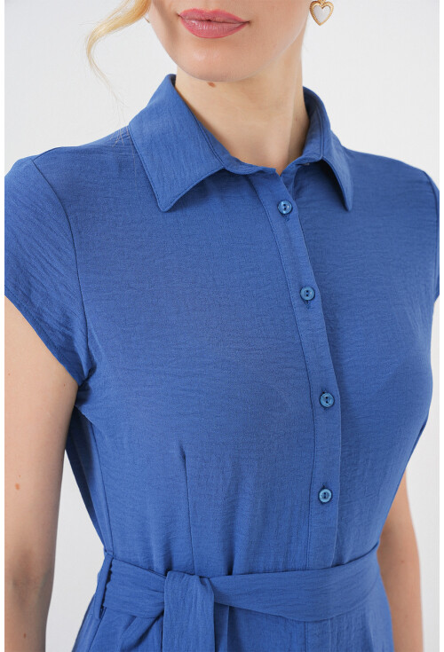 1677 Boydan Düğmeli Kuşaklı Elbise