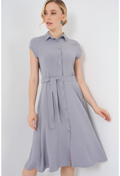 1677 Boydan Düğmeli Kuşaklı Elbise