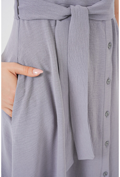 1677 Boydan Düğmeli Kuşaklı Elbise