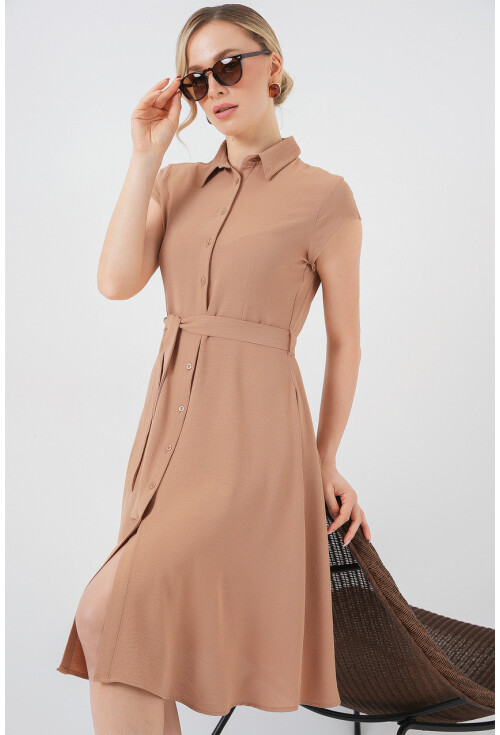 1677 Boydan Düğmeli Kuşaklı Elbise