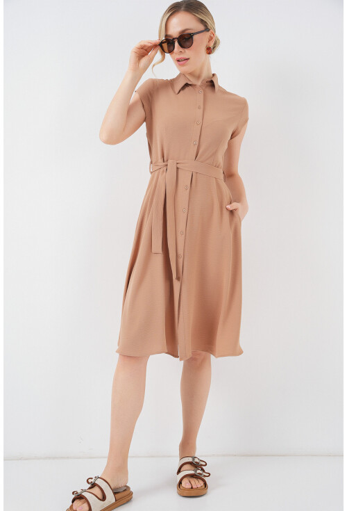 1677 Boydan Düğmeli Kuşaklı Elbise