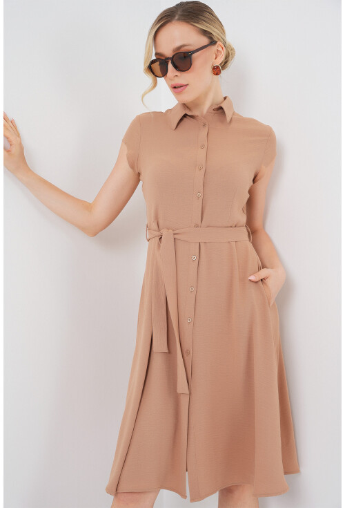 1677 Boydan Düğmeli Kuşaklı Elbise