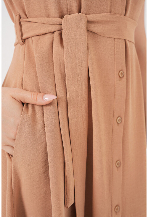 1677 Boydan Düğmeli Kuşaklı Elbise