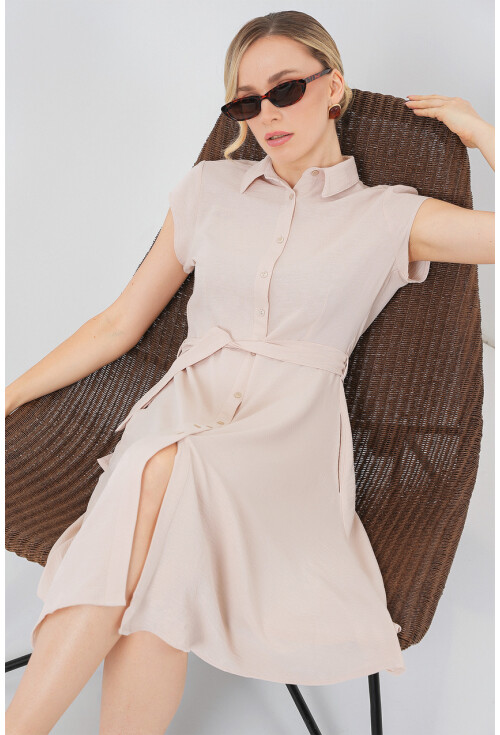 1677 Boydan Düğmeli Kuşaklı Elbise