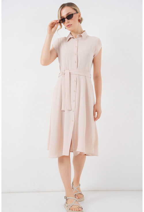 1677 Boydan Düğmeli Kuşaklı Elbise