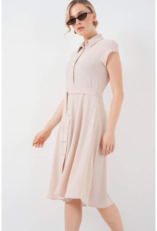 1677 Boydan Düğmeli Kuşaklı Elbise