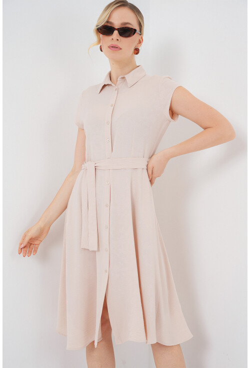 1677 Boydan Düğmeli Kuşaklı Elbise