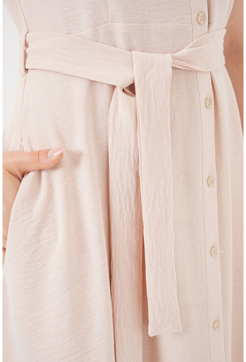 1677 Boydan Düğmeli Kuşaklı Elbise