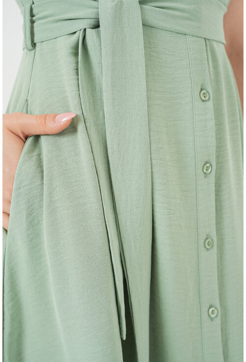 1677 Boydan Düğmeli Kuşaklı Elbise