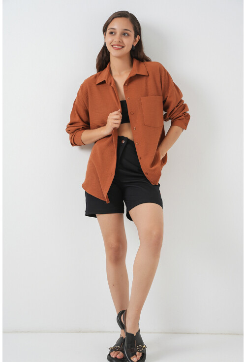 20153 Tek Cepli Oversize Keten Gömlek