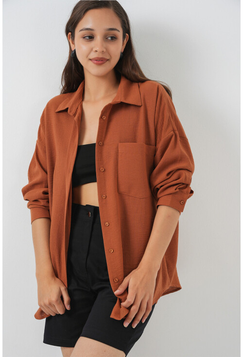 20153 Tek Cepli Oversize Keten Gömlek