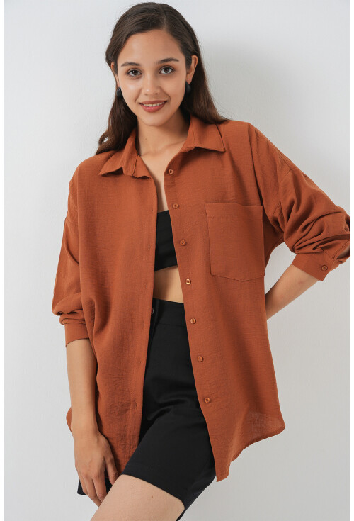 20153 Tek Cepli Oversize Keten Gömlek