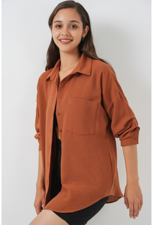 20153 Tek Cepli Oversize Keten Gömlek