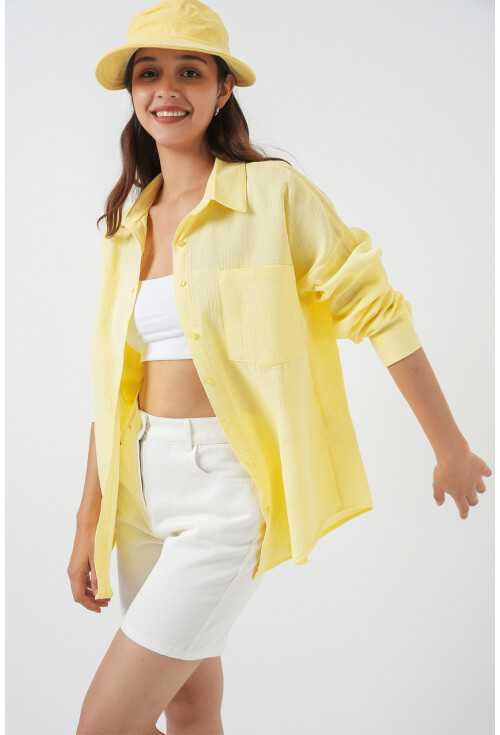 20153 Tek Cepli Oversize Keten Gömlek