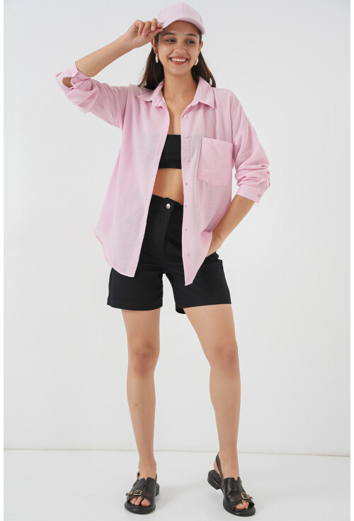 20153 Tek Cepli Oversize Keten Gömlek