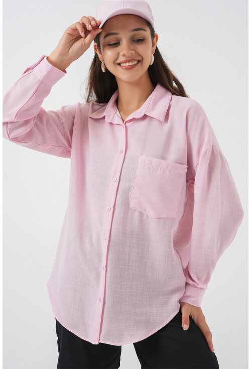 20153 Tek Cepli Oversize Keten Gömlek