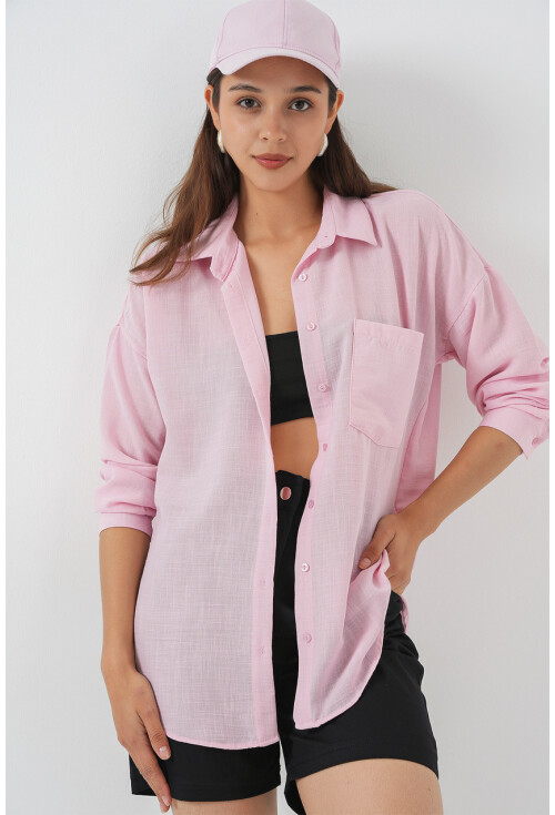 20153 Tek Cepli Oversize Keten Gömlek
