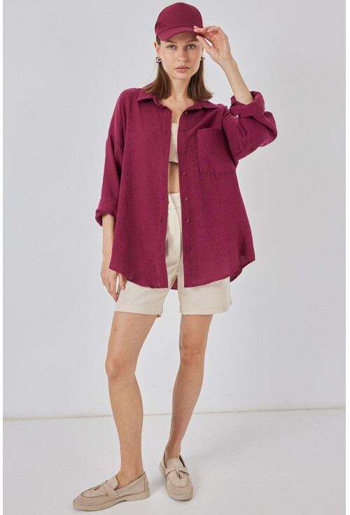 20153 Tek Cepli Oversize Keten Gömlek