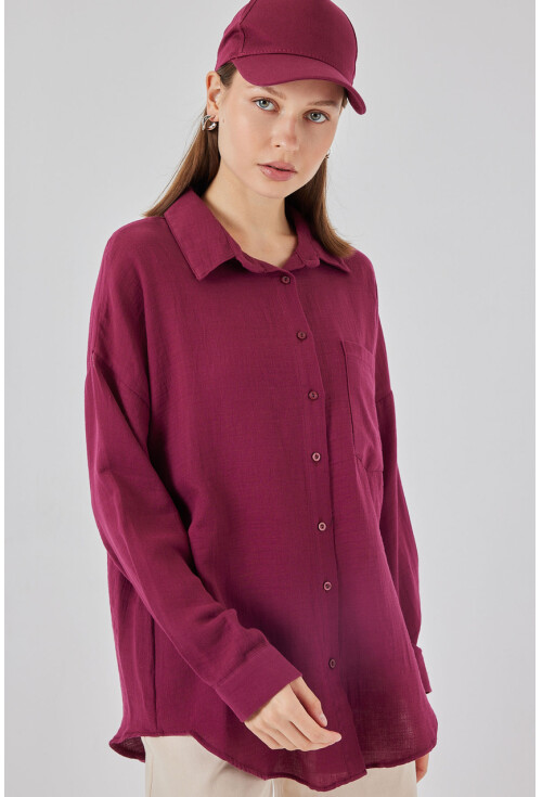 20153 Tek Cepli Oversize Keten Gömlek