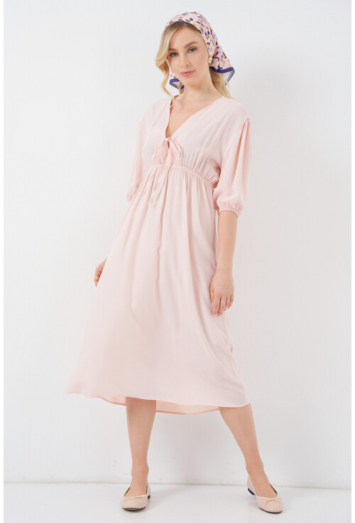 2570 Kadın Beli Büzgülü V Yaka Elbise