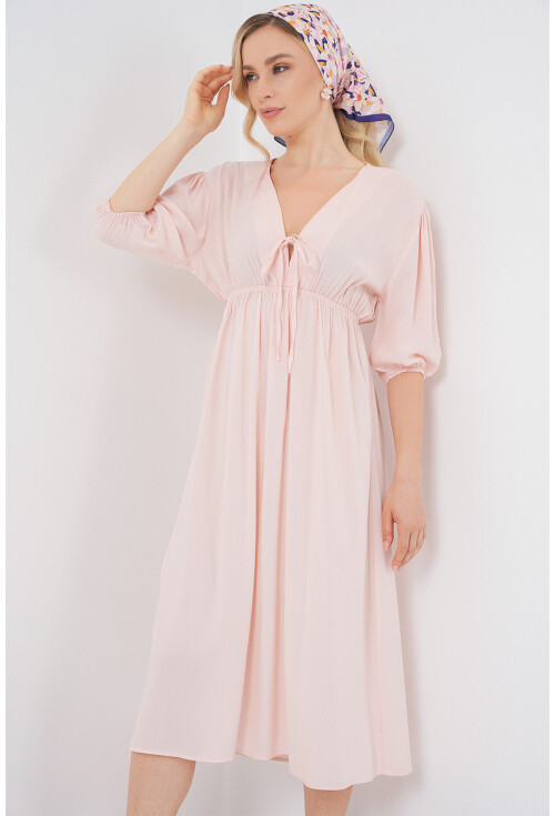 2570 Kadın Beli Büzgülü V Yaka Elbise