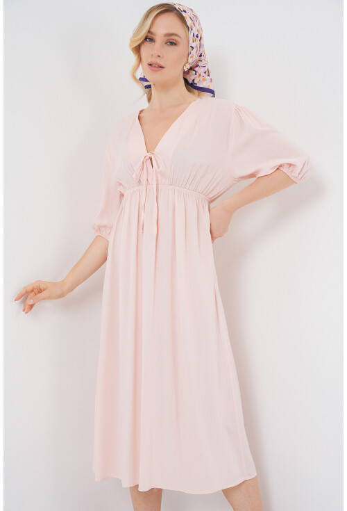 2570 Kadın Beli Büzgülü V Yaka Elbise