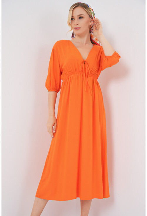 2570 Kadın Beli Büzgülü V Yaka Elbise