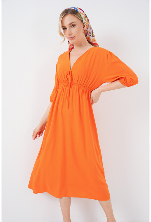 2570 Kadın Beli Büzgülü V Yaka Elbise