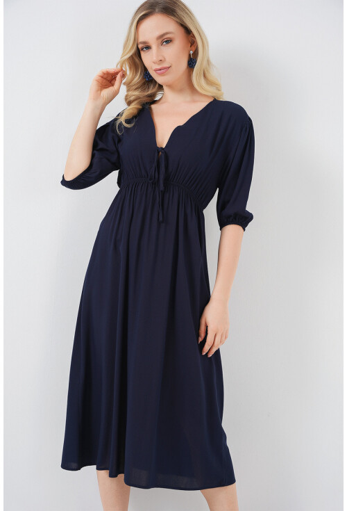 2570 Kadın Beli Büzgülü V Yaka Elbise