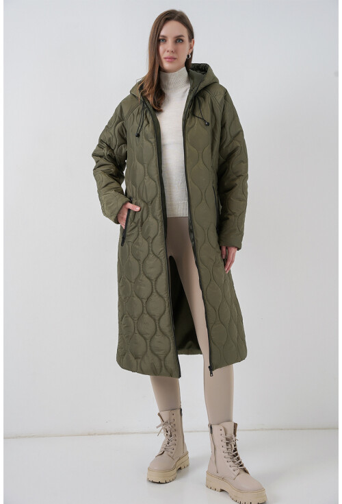 5177 Kapüşonlu Uzun Kapitone Mont