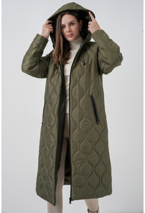 5177 Kapüşonlu Uzun Kapitone Mont