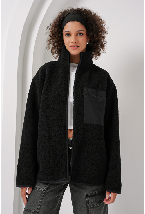 55446 Fermuarlı Oversize Peluş Ceket