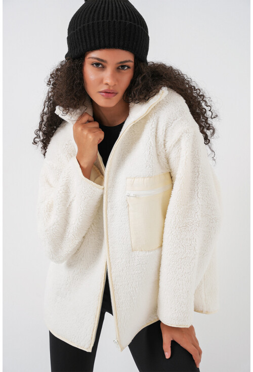 55446 Fermuarlı Oversize Peluş Ceket Mont