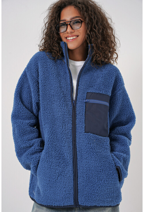 55455 Kadın Fermuarlı Oversize Peluş Ceket